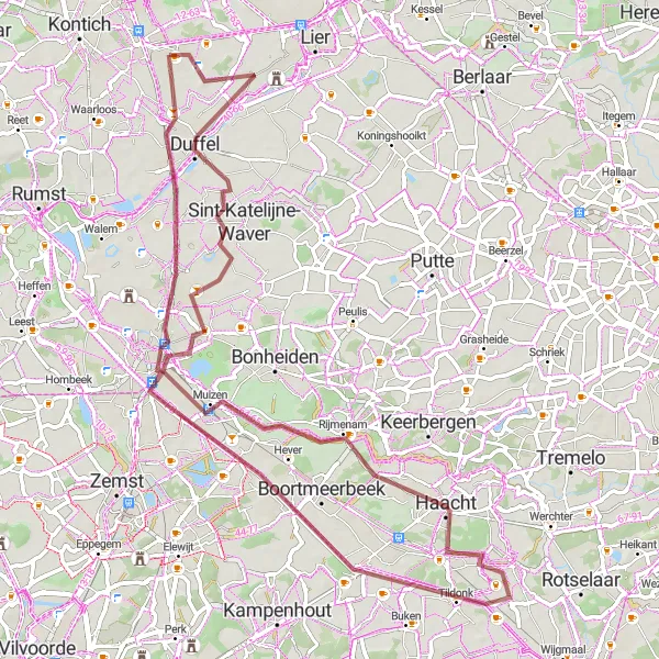 Miniatuurkaart van de fietsinspiratie "Gravelroute naar Haacht en Mechelen" in Prov. Antwerpen, Belgium. Gemaakt door de Tarmacs.app fietsrouteplanner