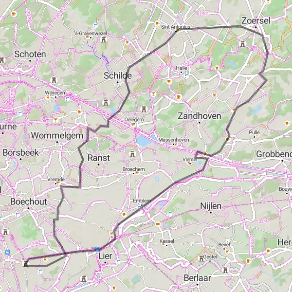 Miniatuurkaart van de fietsinspiratie "Wegroute naar Schilde en Zoersel" in Prov. Antwerpen, Belgium. Gemaakt door de Tarmacs.app fietsrouteplanner