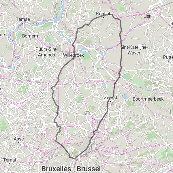 Miniature de la carte de l'inspiration cycliste "Escapade routière de 79 km : de Mechelen à Kontich" dans la Prov. Antwerpen, Belgium. Générée par le planificateur d'itinéraire cycliste Tarmacs.app