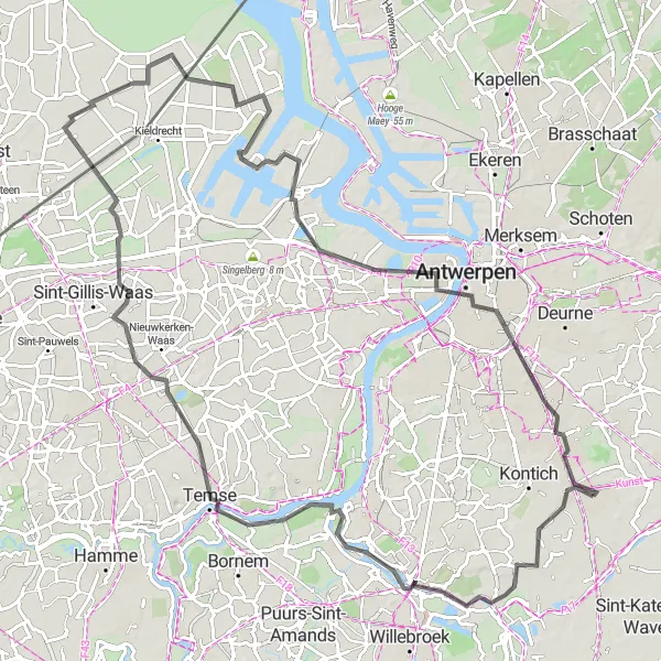 Miniatuurkaart van de fietsinspiratie "Wegroute naar Antwerpen en Meerdonk" in Prov. Antwerpen, Belgium. Gemaakt door de Tarmacs.app fietsrouteplanner