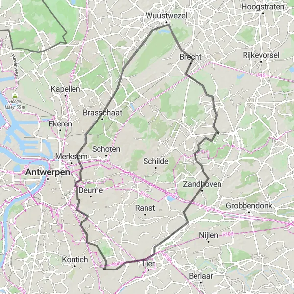 Map miniature of "Cycling through Antwerp countryside" cycling inspiration in Prov. Antwerpen, Belgium. Generated by Tarmacs.app cycling route planner