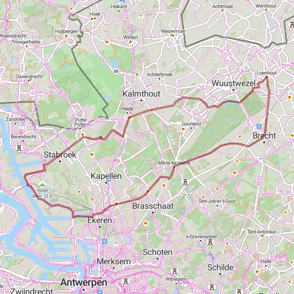 Map miniature of "Loenhout - Maria-ter-Heide - Stabroek" cycling inspiration in Prov. Antwerpen, Belgium. Generated by Tarmacs.app cycling route planner