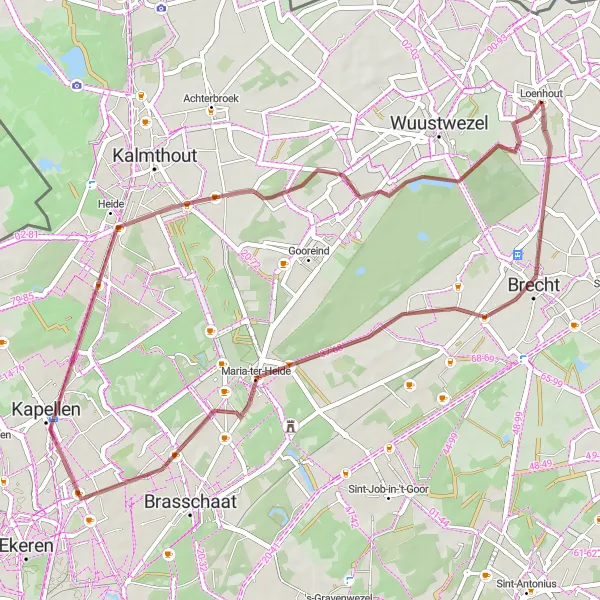 Miniatuurkaart van de fietsinspiratie "Kortere gravelroute van Loenhout naar Kapellen" in Prov. Antwerpen, Belgium. Gemaakt door de Tarmacs.app fietsrouteplanner