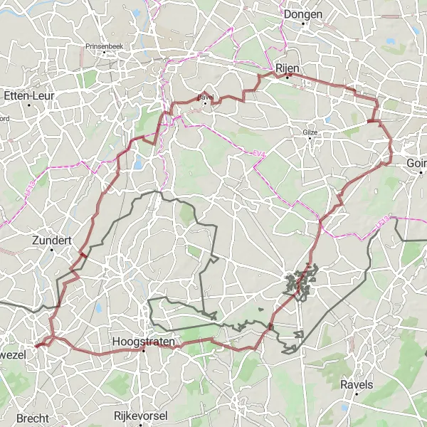 Miniatuurkaart van de fietsinspiratie "Gravelroute van Loenhout naar Hoogstraten" in Prov. Antwerpen, Belgium. Gemaakt door de Tarmacs.app fietsrouteplanner