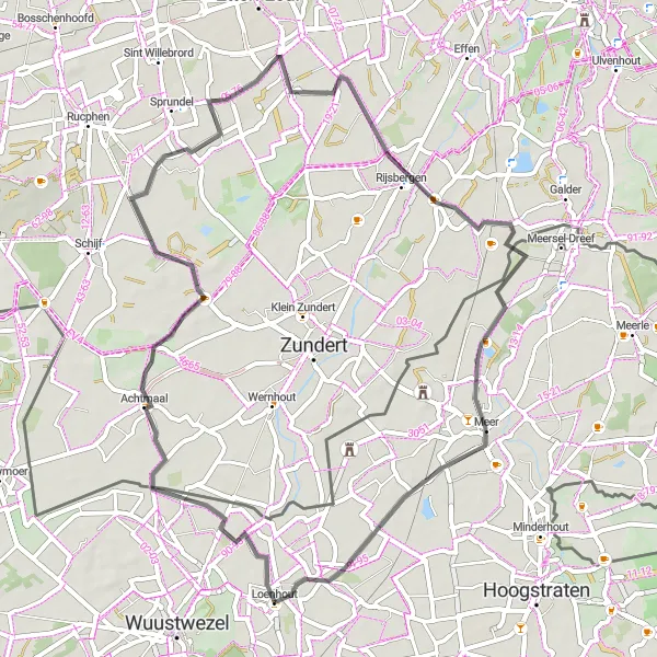 Map miniature of "Loenhout - Achtmaal - Munnikenheide - Hazeldonk - Meer" cycling inspiration in Prov. Antwerpen, Belgium. Generated by Tarmacs.app cycling route planner