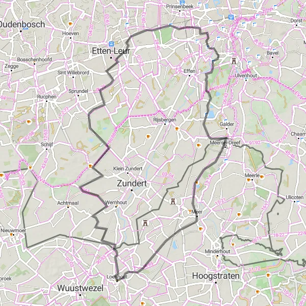 Miniature de la carte de l'inspiration cycliste "Boucle à vélo sur route d'Etten-Leur" dans la Prov. Antwerpen, Belgium. Générée par le planificateur d'itinéraire cycliste Tarmacs.app