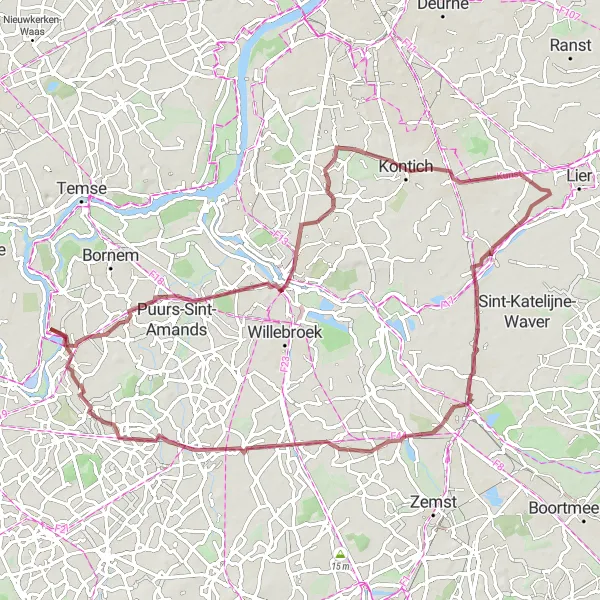 Miniatuurkaart van de fietsinspiratie "Gravel avontuur door landelijke schoonheid" in Prov. Antwerpen, Belgium. Gemaakt door de Tarmacs.app fietsrouteplanner