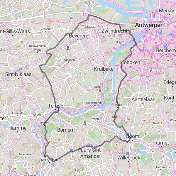 Miniatuurkaart van de fietsinspiratie "Rondje Rupelstreek en Scheldeboorden" in Prov. Antwerpen, Belgium. Gemaakt door de Tarmacs.app fietsrouteplanner