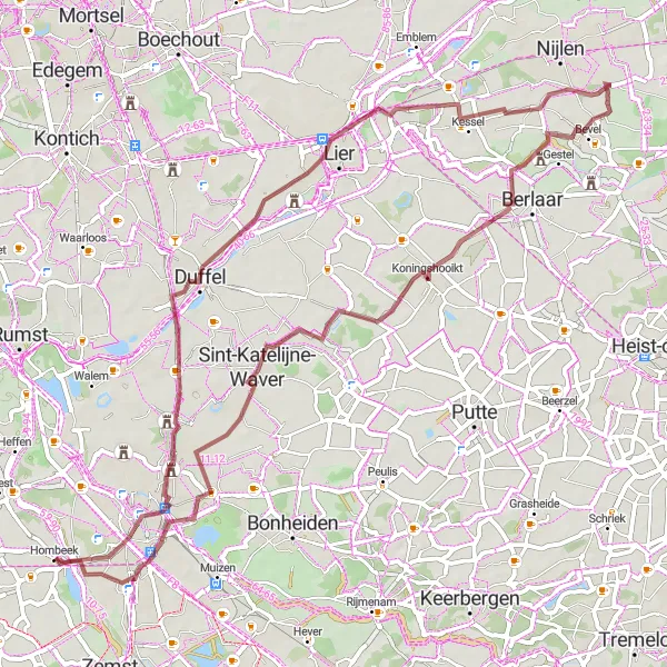 Miniature de la carte de l'inspiration cycliste "Exploration Gravel entre Mechelen et Hombeek" dans la Prov. Antwerpen, Belgium. Générée par le planificateur d'itinéraire cycliste Tarmacs.app