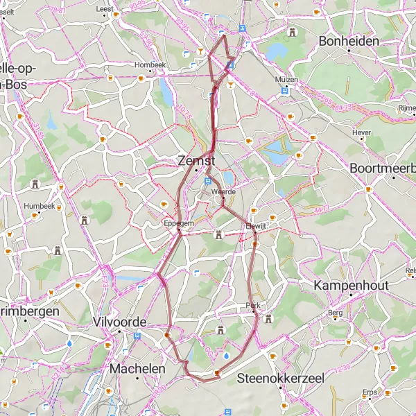 Miniatuurkaart van de fietsinspiratie "Gravelroute rond Mechelen" in Prov. Antwerpen, Belgium. Gemaakt door de Tarmacs.app fietsrouteplanner