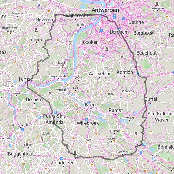 Karten-Miniaturansicht der Radinspiration "Mechelen-Skyline-Mortsel-Zwijndrecht" in Prov. Antwerpen, Belgium. Erstellt vom Tarmacs.app-Routenplaner für Radtouren