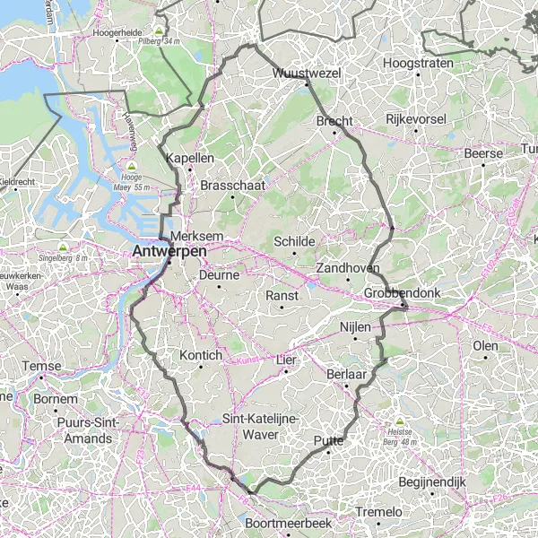 Karten-Miniaturansicht der Radinspiration "Muizen-Hoevenen-Brecht-Harent" in Prov. Antwerpen, Belgium. Erstellt vom Tarmacs.app-Routenplaner für Radtouren