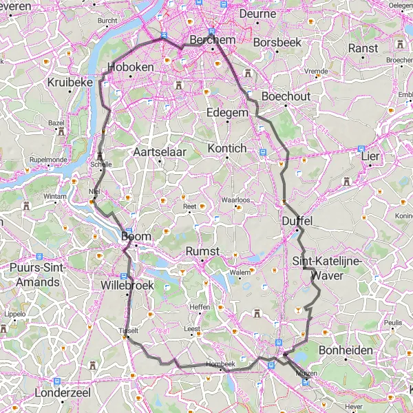 Map miniature of "Scenic Road Cycling Loop from Mechelen" cycling inspiration in Prov. Antwerpen, Belgium. Generated by Tarmacs.app cycling route planner