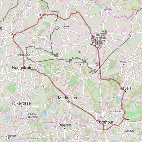 Miniatuurkaart van de fietsinspiratie "Meerle naar Oud-Turnhout gravelavontuur" in Prov. Antwerpen, Belgium. Gemaakt door de Tarmacs.app fietsrouteplanner