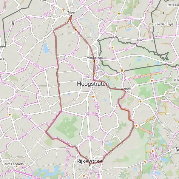 Miniatuurkaart van de fietsinspiratie "Korte gravelroute van Meer naar Rijkevorsel" in Prov. Antwerpen, Belgium. Gemaakt door de Tarmacs.app fietsrouteplanner