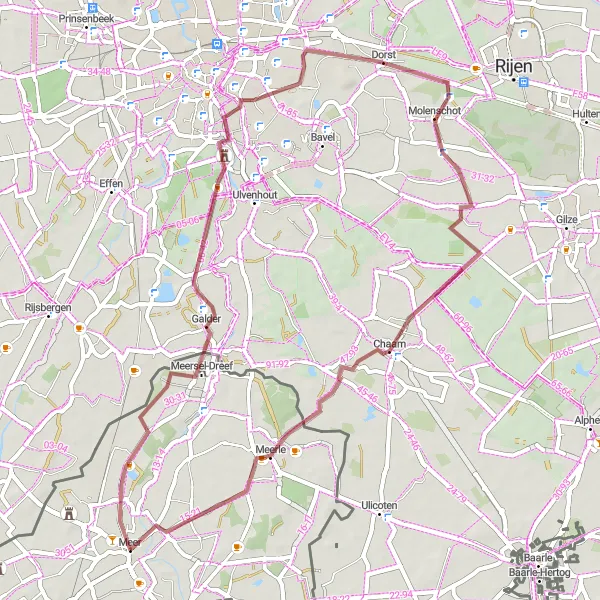 Miniatuurkaart van de fietsinspiratie "Gravelroute rond Meer en Galder" in Prov. Antwerpen, Belgium. Gemaakt door de Tarmacs.app fietsrouteplanner