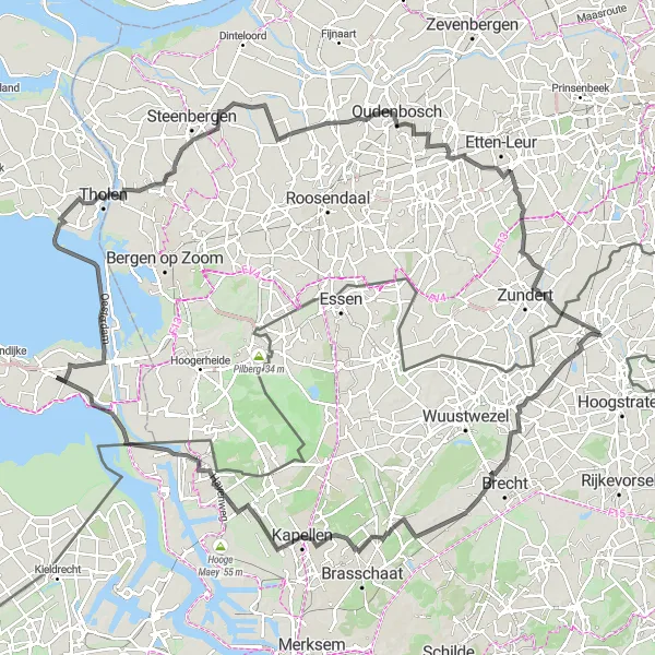Miniature de la carte de l'inspiration cycliste "Tour de Kapellen et Oudenbosch" dans la Prov. Antwerpen, Belgium. Générée par le planificateur d'itinéraire cycliste Tarmacs.app