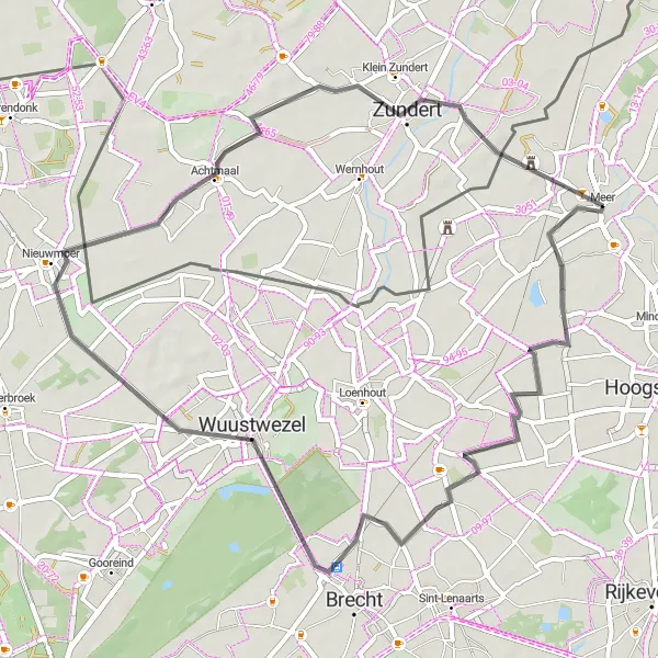 Miniature de la carte de l'inspiration cycliste "Itinéraire en boucle depuis Meer vers Zundert" dans la Prov. Antwerpen, Belgium. Générée par le planificateur d'itinéraire cycliste Tarmacs.app