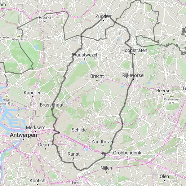 Miniature de la carte de l'inspiration cycliste "Tour à vélo entre Meer et Zundert via Oostmalle et Schoten" dans la Prov. Antwerpen, Belgium. Générée par le planificateur d'itinéraire cycliste Tarmacs.app