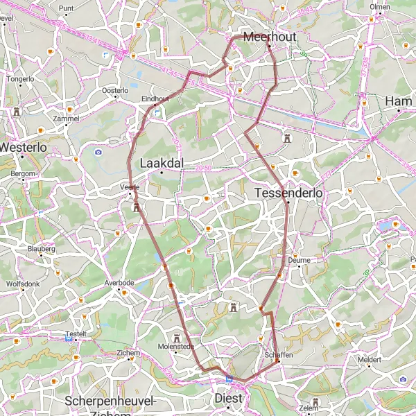 Map miniature of "The Gravel Trails of Meerhout" cycling inspiration in Prov. Antwerpen, Belgium. Generated by Tarmacs.app cycling route planner