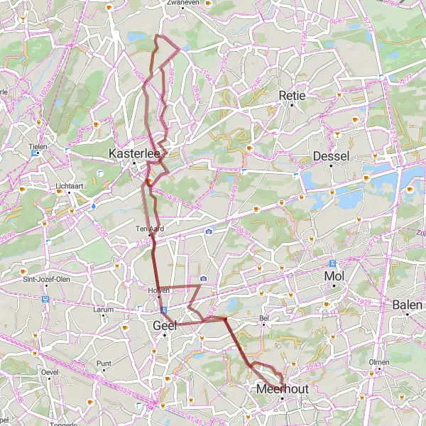 Miniature de la carte de l'inspiration cycliste "Parcours de Gravel pittoresque ŕ Meerhout" dans la Prov. Antwerpen, Belgium. Générée par le planificateur d'itinéraire cycliste Tarmacs.app