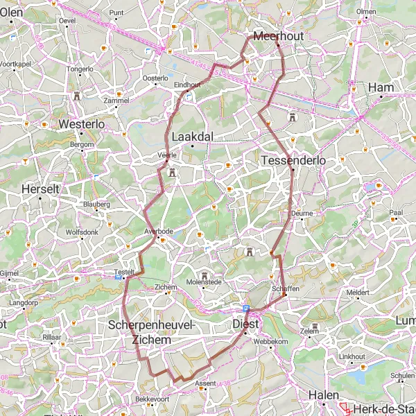 Karten-Miniaturansicht der Radinspiration "Abenteuerliche Tour durch Keiberg und Eindhout" in Prov. Antwerpen, Belgium. Erstellt vom Tarmacs.app-Routenplaner für Radtouren