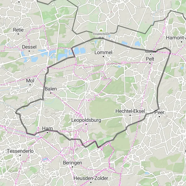 Map miniature of "Discover the Hidden Gems of Meerhout" cycling inspiration in Prov. Antwerpen, Belgium. Generated by Tarmacs.app cycling route planner