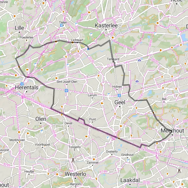 Miniature de la carte de l'inspiration cycliste "Boucle à vélo de Meerhout" dans la Prov. Antwerpen, Belgium. Générée par le planificateur d'itinéraire cycliste Tarmacs.app