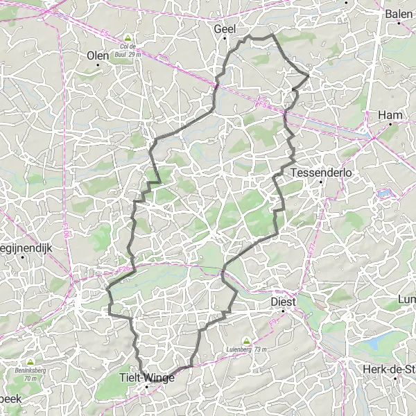 Map miniature of "Road Cycling Adventure through Hageland" cycling inspiration in Prov. Antwerpen, Belgium. Generated by Tarmacs.app cycling route planner