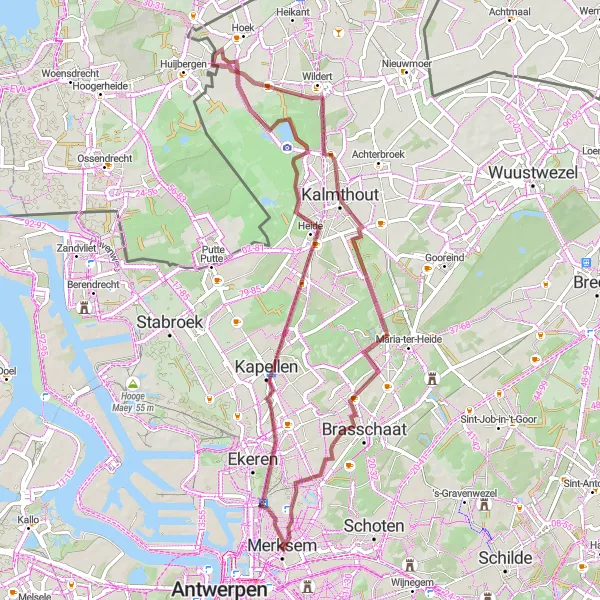 Miniature de la carte de l'inspiration cycliste "La Boucle sauvage de Kalmthout" dans la Prov. Antwerpen, Belgium. Générée par le planificateur d'itinéraire cycliste Tarmacs.app