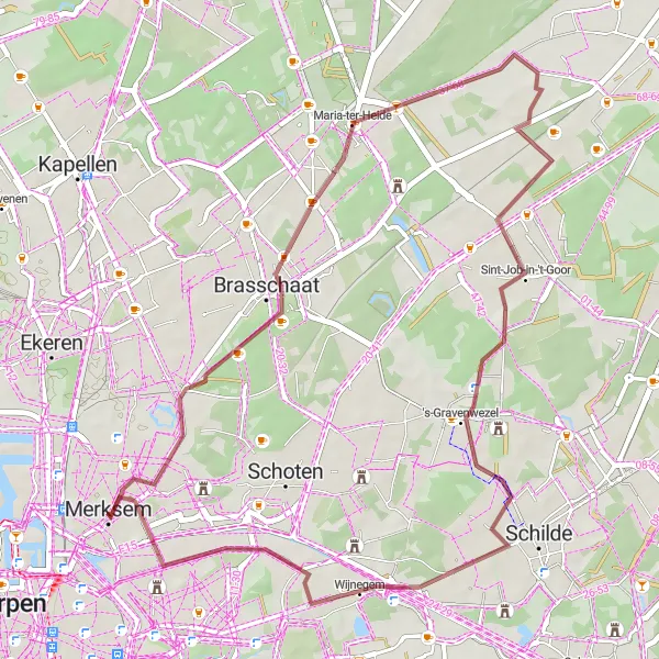 Miniatuurkaart van de fietsinspiratie "Maria-ter-Heide en Sint-Job-in-'t-Goor Gravelroute" in Prov. Antwerpen, Belgium. Gemaakt door de Tarmacs.app fietsrouteplanner