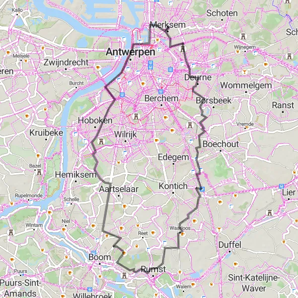 Miniature de la carte de l'inspiration cycliste "Parcours Deurne-Terhagen" dans la Prov. Antwerpen, Belgium. Générée par le planificateur d'itinéraire cycliste Tarmacs.app