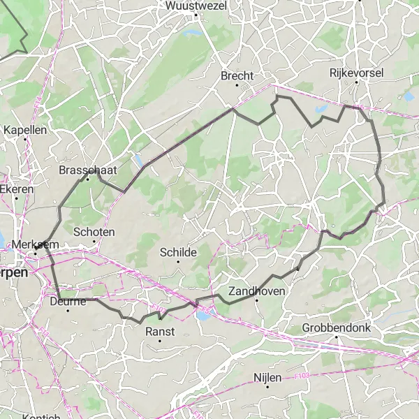 Miniature de la carte de l'inspiration cycliste "Boucle Brasschaat-Vlimmeren" dans la Prov. Antwerpen, Belgium. Générée par le planificateur d'itinéraire cycliste Tarmacs.app
