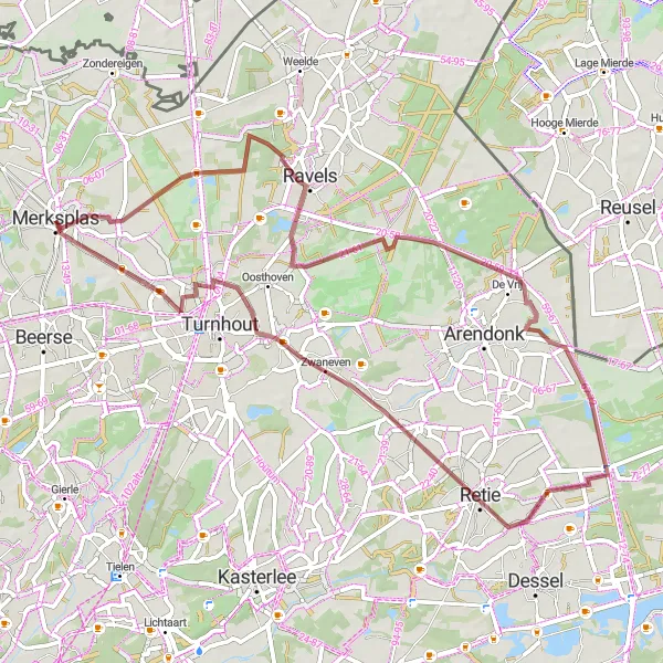 Miniature de la carte de l'inspiration cycliste "Boucle de Gravel Ravels - Oud-Turnhout" dans la Prov. Antwerpen, Belgium. Générée par le planificateur d'itinéraire cycliste Tarmacs.app