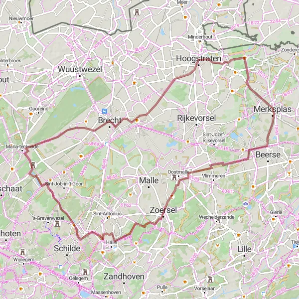 Miniature de la carte de l'inspiration cycliste "Circuit de Gravel Merksplas - Hoogstraten" dans la Prov. Antwerpen, Belgium. Générée par le planificateur d'itinéraire cycliste Tarmacs.app