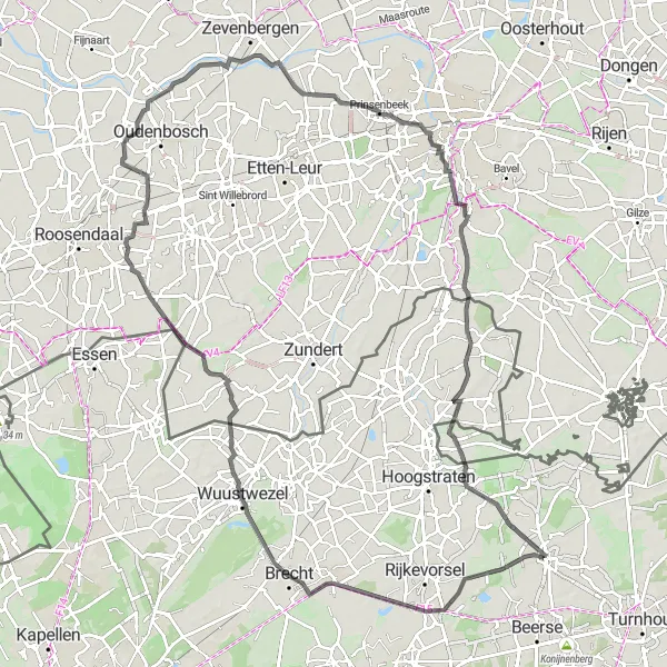 Miniature de la carte de l'inspiration cycliste "Parcours des Polders Flamands" dans la Prov. Antwerpen, Belgium. Générée par le planificateur d'itinéraire cycliste Tarmacs.app