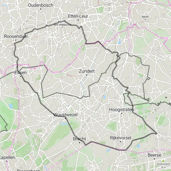 Miniatuurkaart van de fietsinspiratie "Sint-Lenaarts naar Rijsbergen" in Prov. Antwerpen, Belgium. Gemaakt door de Tarmacs.app fietsrouteplanner