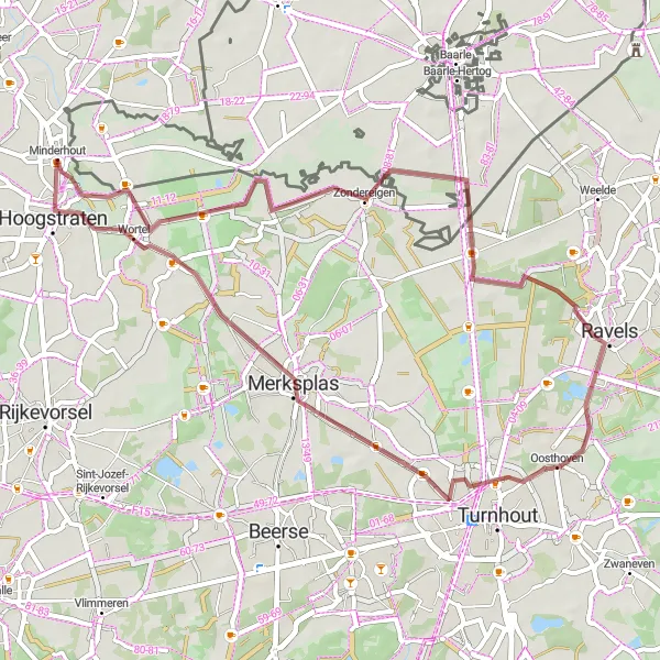 Miniature de la carte de l'inspiration cycliste "Boucle pittoresque de Minderhout à Oosthoven" dans la Prov. Antwerpen, Belgium. Générée par le planificateur d'itinéraire cycliste Tarmacs.app