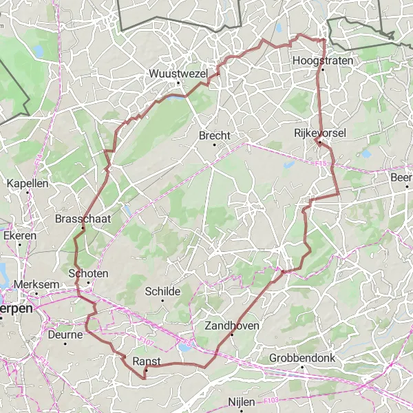 Map miniature of "Minderhout Explorer - Gravel Cycling Route" cycling inspiration in Prov. Antwerpen, Belgium. Generated by Tarmacs.app cycling route planner