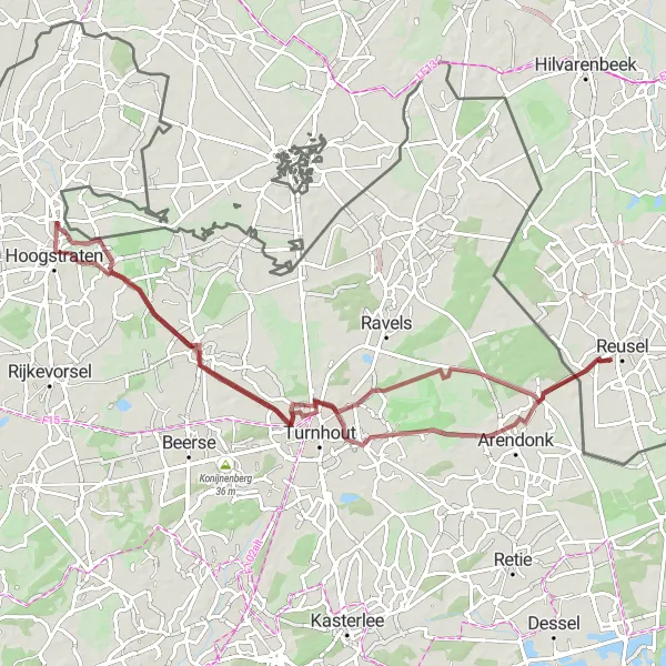 Map miniature of "The Gravel Route of Minderhout" cycling inspiration in Prov. Antwerpen, Belgium. Generated by Tarmacs.app cycling route planner