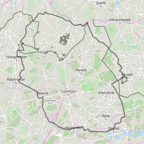 Map miniature of "Minderhout Loop - Road Cycling Route" cycling inspiration in Prov. Antwerpen, Belgium. Generated by Tarmacs.app cycling route planner