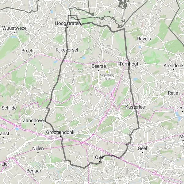 Miniatuurkaart van de fietsinspiratie "Wegfietsroute naar Hoogstraten en Grobbendonk" in Prov. Antwerpen, Belgium. Gemaakt door de Tarmacs.app fietsrouteplanner
