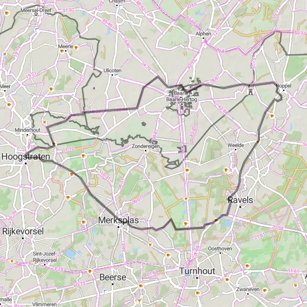 Miniatuurkaart van de fietsinspiratie "Fietsroute rond Minderhout en omgeving" in Prov. Antwerpen, Belgium. Gemaakt door de Tarmacs.app fietsrouteplanner