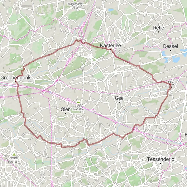 Map miniature of "Grobbendonk Gravel Adventure" cycling inspiration in Prov. Antwerpen, Belgium. Generated by Tarmacs.app cycling route planner