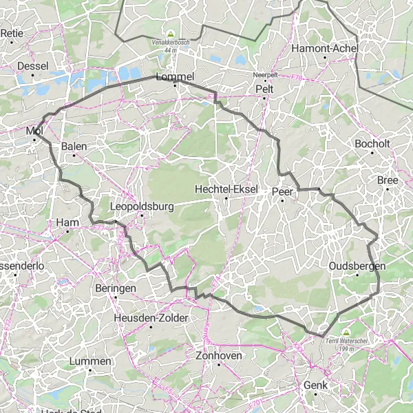 Map miniature of "Mol to Rosselaar Road Cycling Route" cycling inspiration in Prov. Antwerpen, Belgium. Generated by Tarmacs.app cycling route planner
