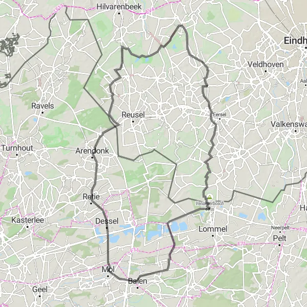 Miniature de la carte de l'inspiration cycliste "Route cycliste Mol-Retie-Vogel observatiescherm-Kuikseind-Weebosch-Venakkerbosch-Blauwe Kei-Balen" dans la Prov. Antwerpen, Belgium. Générée par le planificateur d'itinéraire cycliste Tarmacs.app