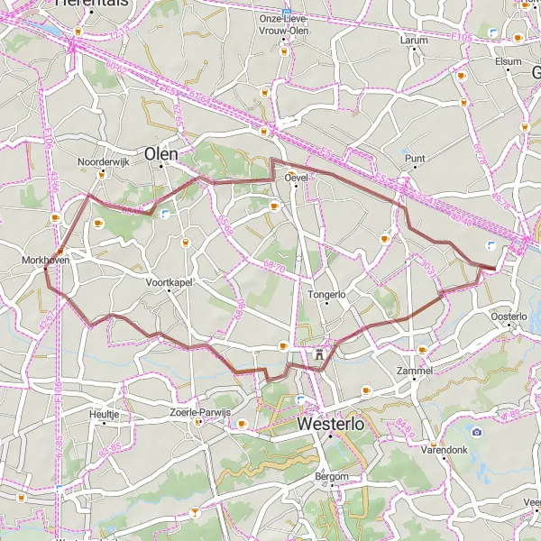 Miniature de la carte de l'inspiration cycliste "Circuit de Morkhoven et Voortkapel" dans la Prov. Antwerpen, Belgium. Générée par le planificateur d'itinéraire cycliste Tarmacs.app