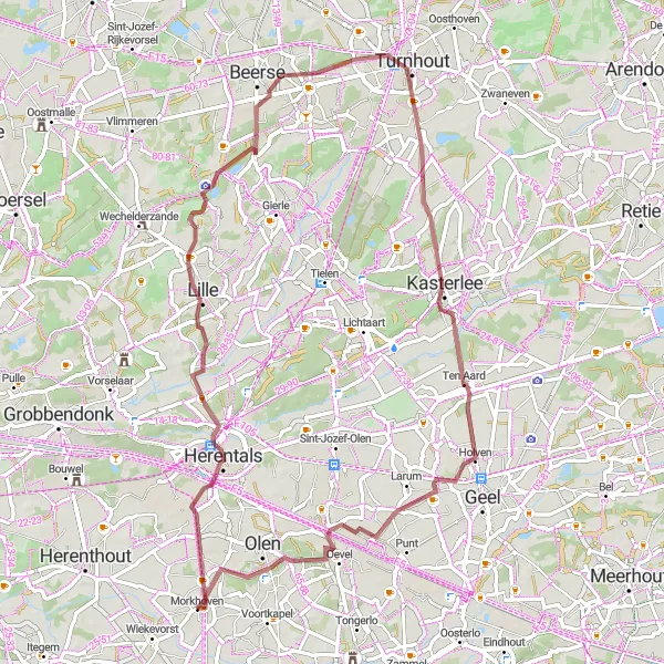 Miniatuurkaart van de fietsinspiratie "Gravelroute vanuit Morkhoven naar Oevel" in Prov. Antwerpen, Belgium. Gemaakt door de Tarmacs.app fietsrouteplanner