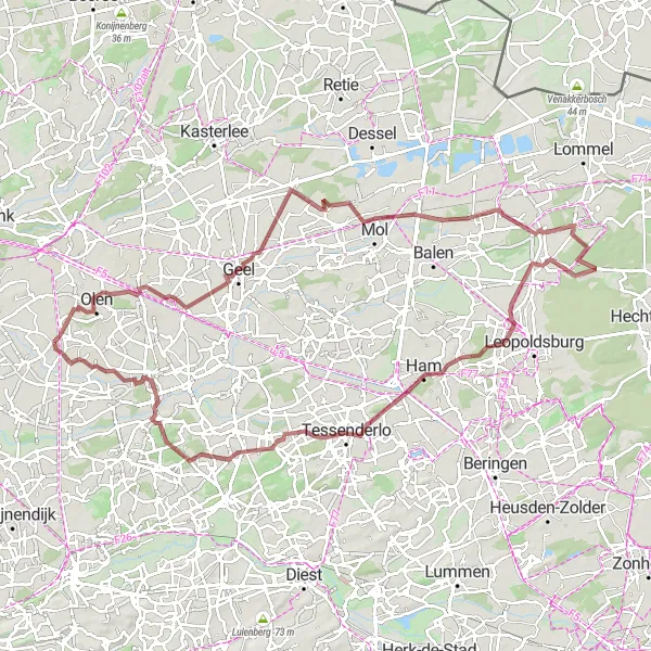 Map miniature of "The Morkhoven Gravel Adventure" cycling inspiration in Prov. Antwerpen, Belgium. Generated by Tarmacs.app cycling route planner