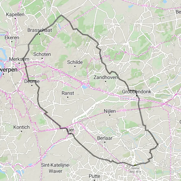 Map miniature of "The Wiekevorst Loop" cycling inspiration in Prov. Antwerpen, Belgium. Generated by Tarmacs.app cycling route planner